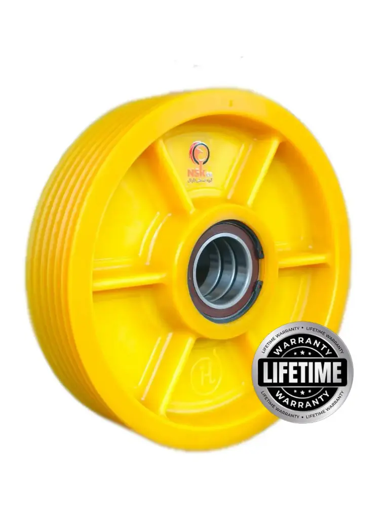 فلکه هرزگرد Mc Nylon (پلی آمید ) اقتصادی قطر 320 ، 6 شیار ، گام 12 با شفت 50 ، 2 بلبرینگ(چین) همراه ملزومات  