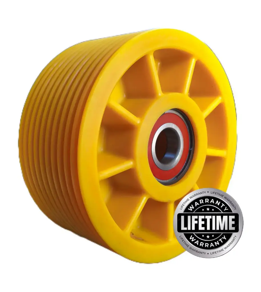 فلکه هرزگرد Mc Nylon (پلی آمید ) قطر 320 ، 10 شیار ،  گام 12 تا 14 با شفت 60 ، 3 بلبرینگ(ژاپن) همراه ملزومات  