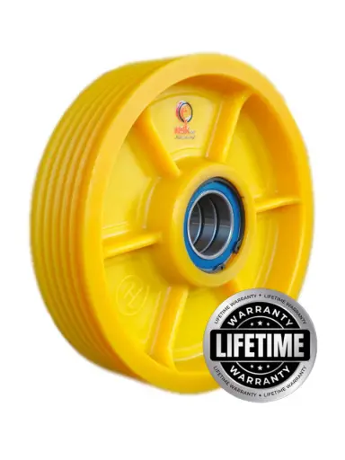 فلکه هرزگرد Mc Nylon (پلی آمید ) قطر 320 ، 5 شیار ، گام 12و16 با شفت 60 ، 3 بلبرینگ(چین) همراه ملزومات  